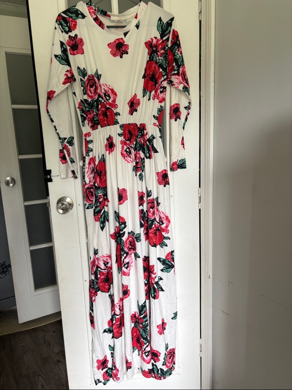 Amazon White Maxi Dress with Pink & Red Rose Print